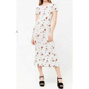 White Floral Dress‎ Size Large Stretch Midi Cottage Tight Retro Cute Bodycon